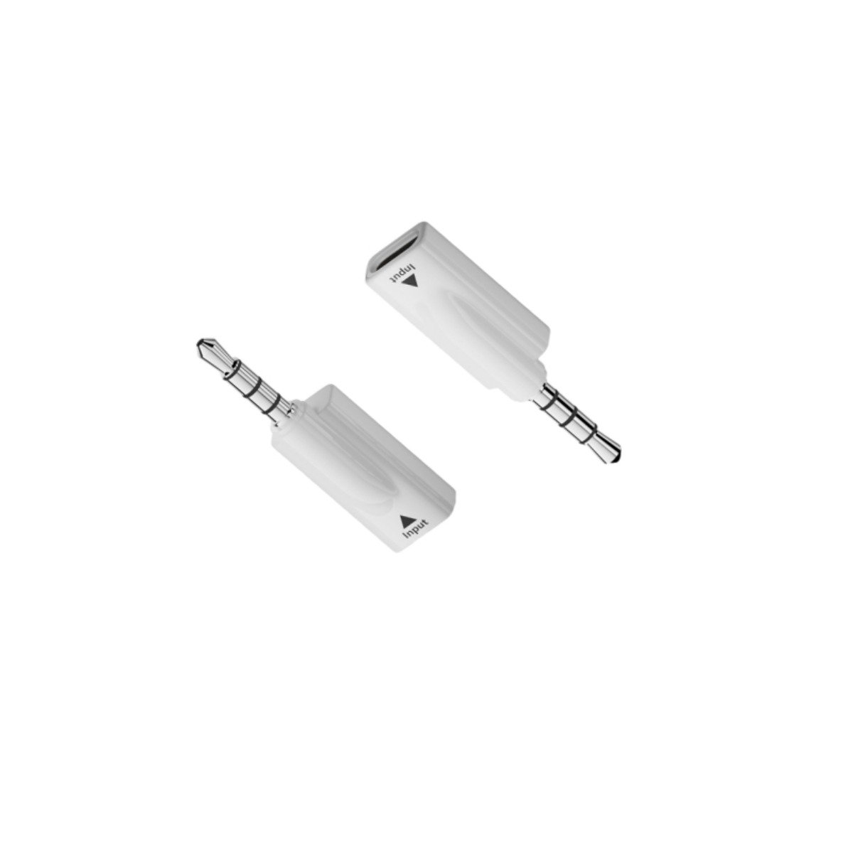 Zwei weiße Audio-Adapter mit 3,5-mm-Klinkensteckern und Aufschriften.