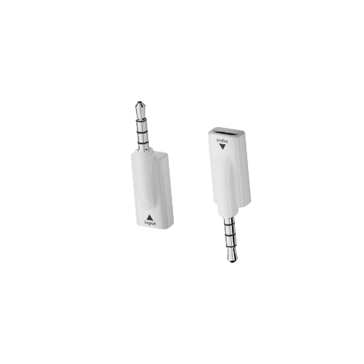 Zwei weiße Audio-Adapter mit Klinkenstecker und Aufschrift Input.
