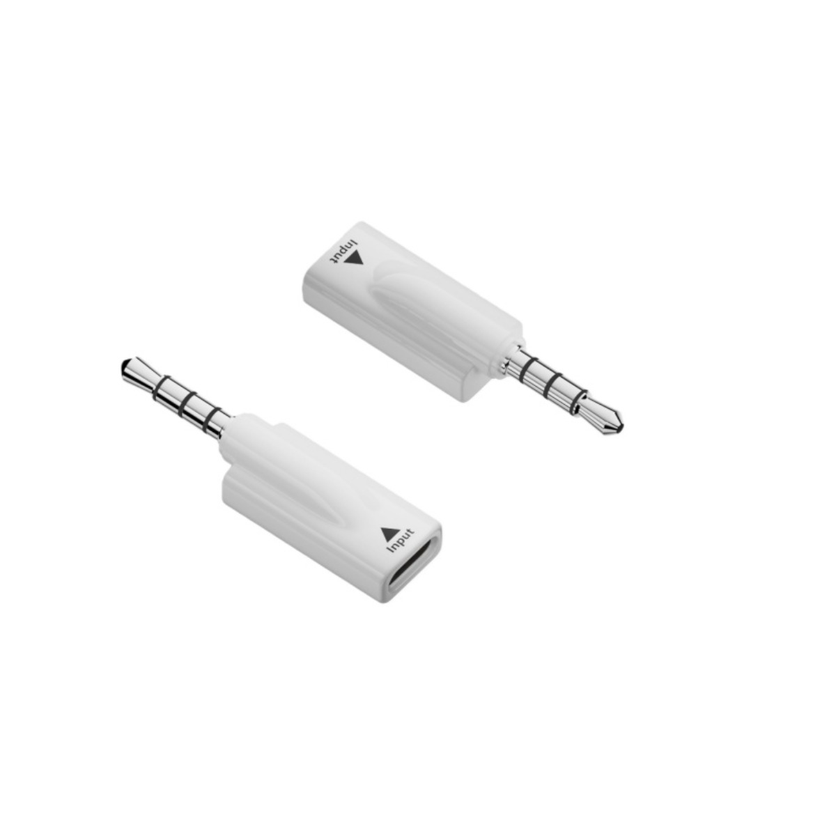 Zwei weiße Audio-Adapter mit Klinkenstecker an einem Ende und Anschluss am anderen vor weißem Hintergrund.