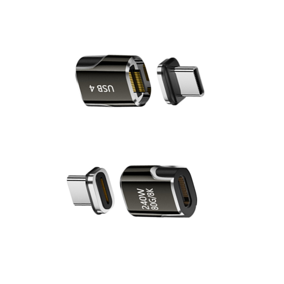 Zwei schwarze, magnetische USB-C-Adapter mit vergoldeten Kontakten, die den USB 4 Standard unterstützen.