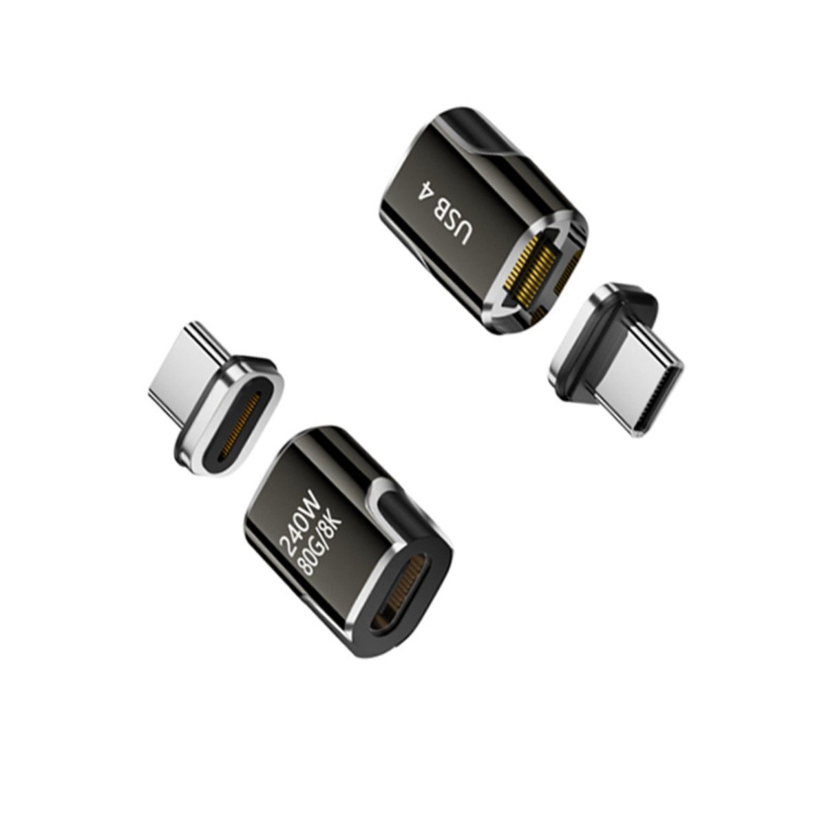 Zwei schwarz-silberne magnetische USB-C-Adapter mit Textbeschriftung, vor weißem Hintergrund in Teile zerlegt gezeigt.