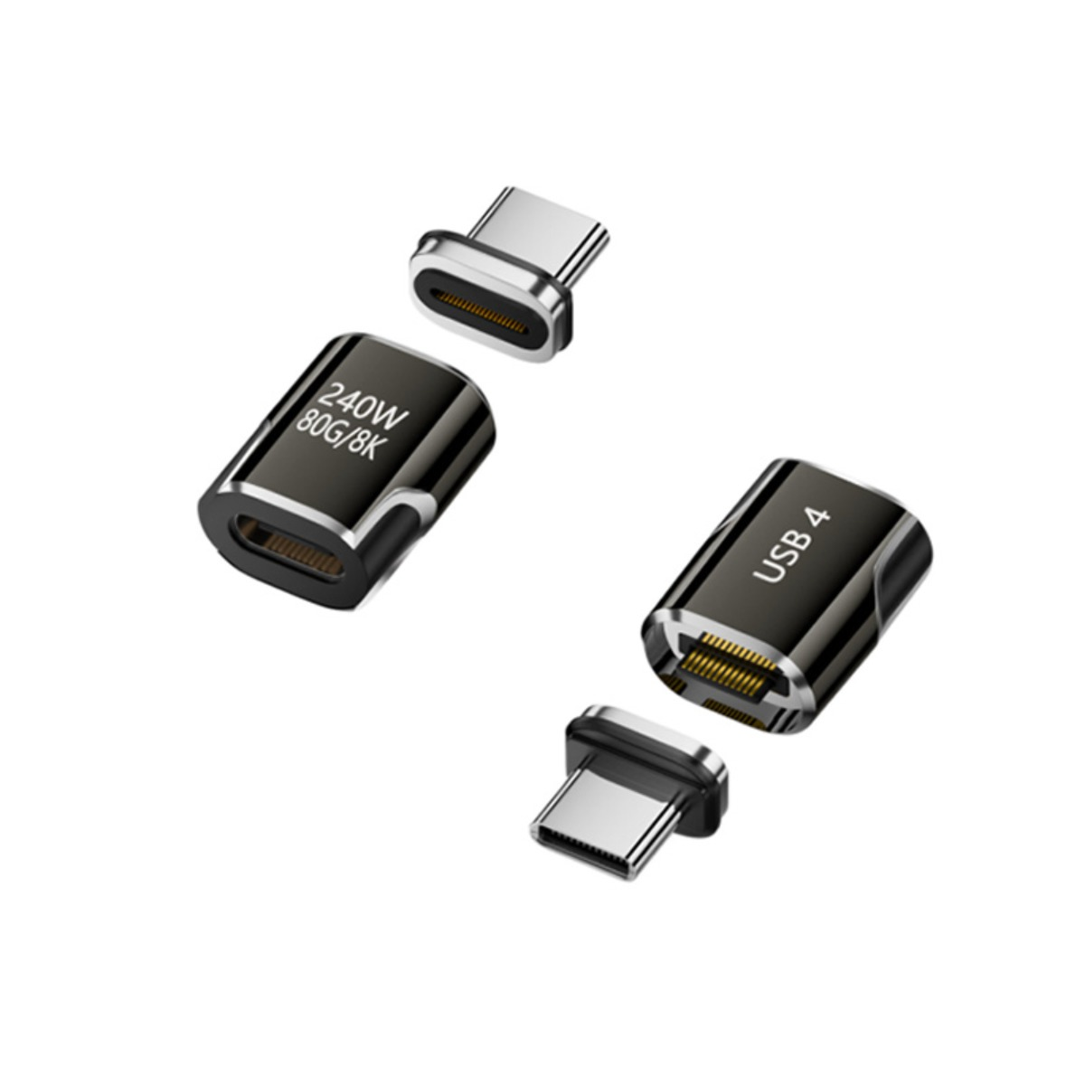 Zwei schwarz-silberne magnetische USB-C-Adapter mit 240W- und USB 4-Beschriftung und abnehmbaren Spitzen.