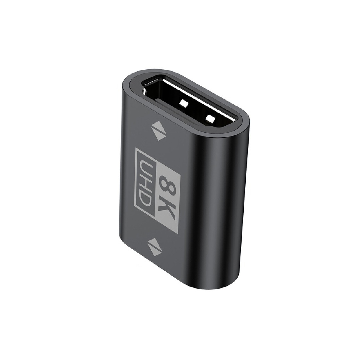 Ein kleiner schwarzer HDMI 8K UHD Adapter mit abgerundeten Ecken auf einem weißen Hintergrund.