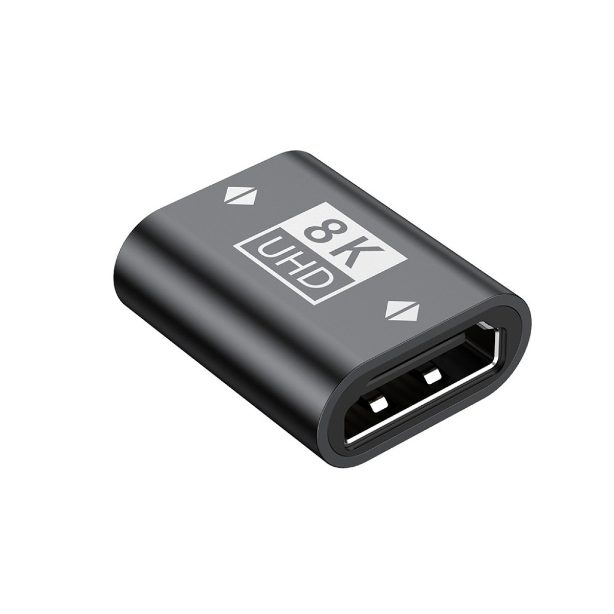 Ein schwarzer 8K UHD HDMI Adapter mit einem Anschluss und Pfeilsymbolen auf weißem Hintergrund.