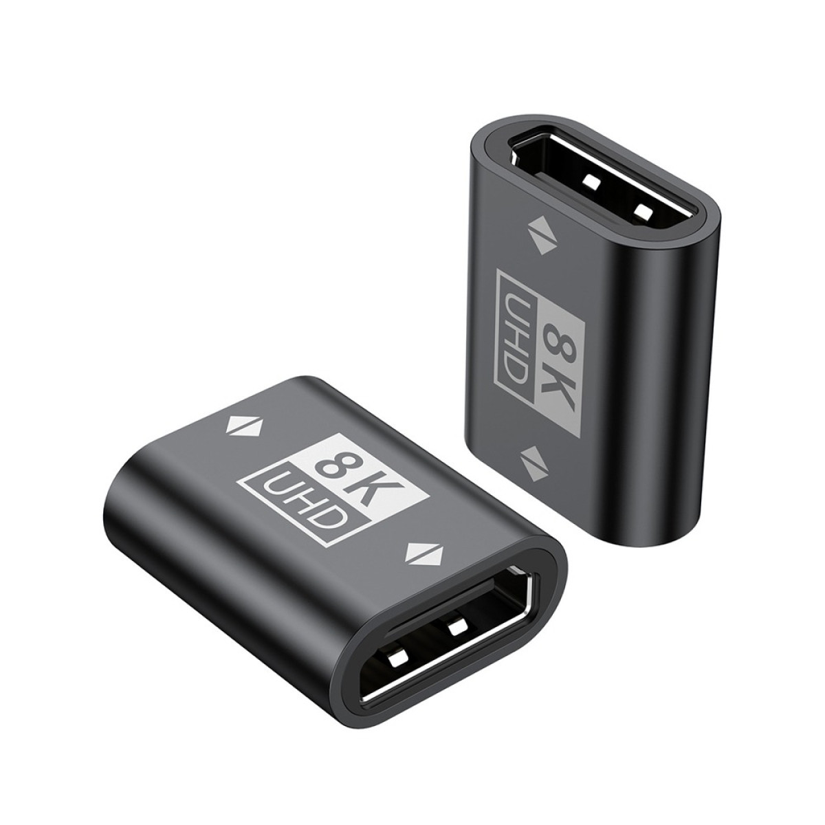 Zwei schwarze 8K UHD HDMI-Adapter mit weiblichen Anschlüssen.