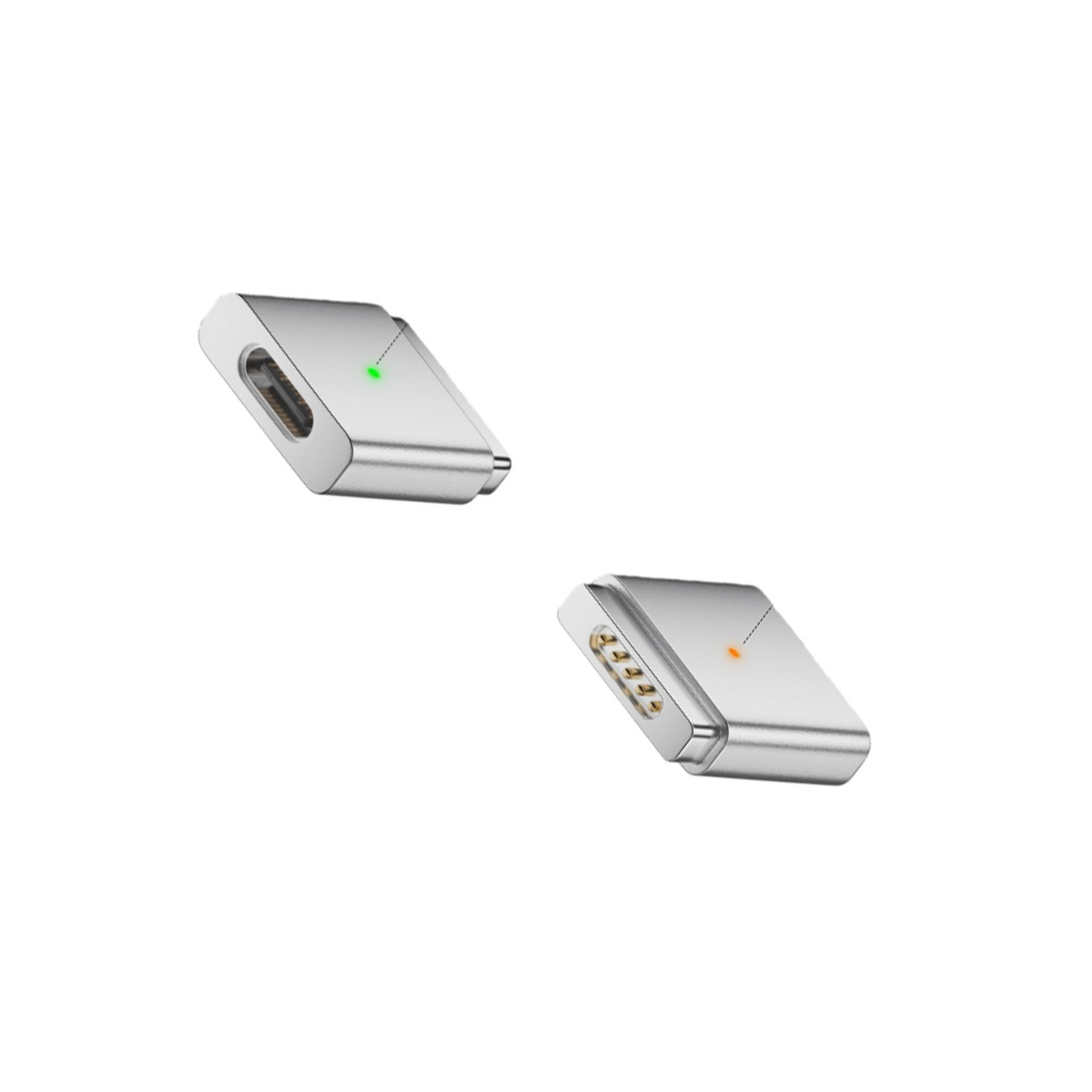 Zwei silberne magnetische USB-C-Adapter mit LED-Anzeigen auf weißem Hintergrund.