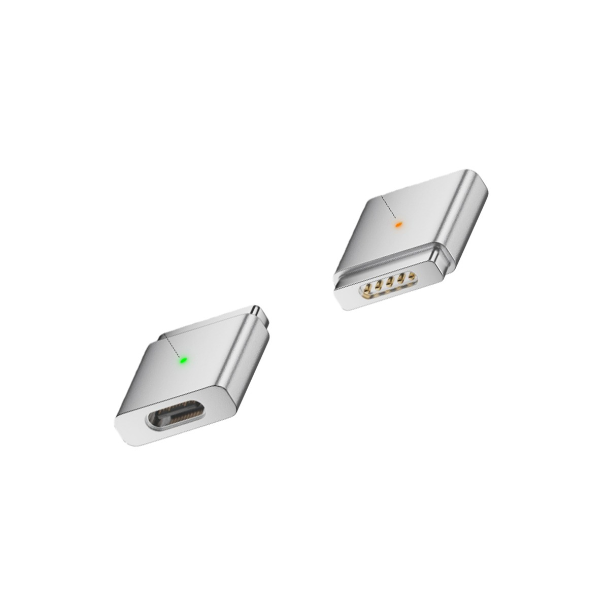 Zwei silberne magnetische USB-C-Adapter mit LED-Statusleuchten vor weißem Hintergrund.