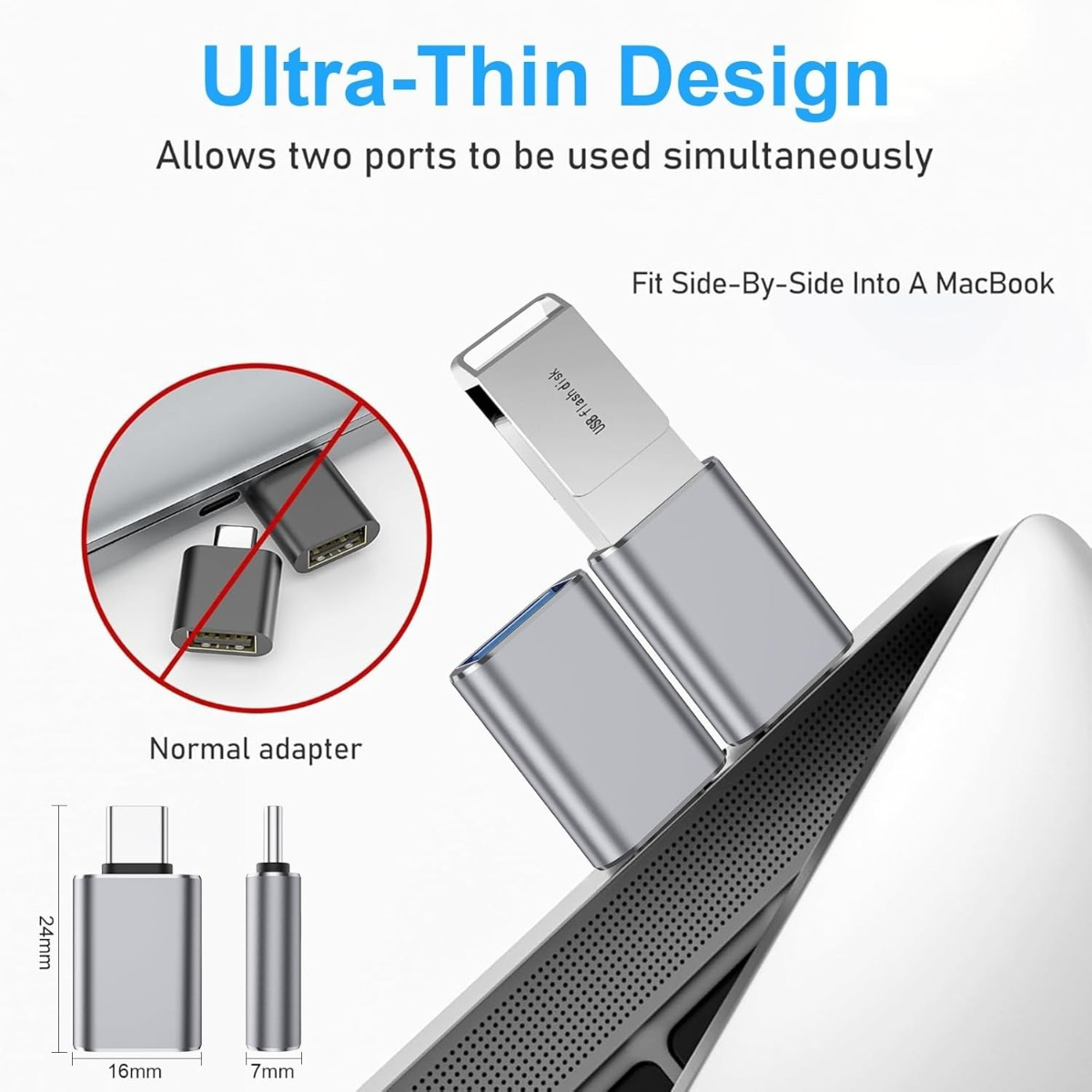 Ein ultraflacher USB-Adapter an einem Laptop, der die gleichzeitige Nutzung nebeneinander ermöglicht.