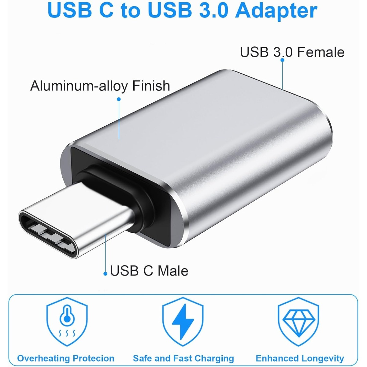 Silberner USB-C-zu-USB-3.0-Adapter mit Aluminiumgehäuse und drei Icons für Schutz, Laden und Langlebigkeit.