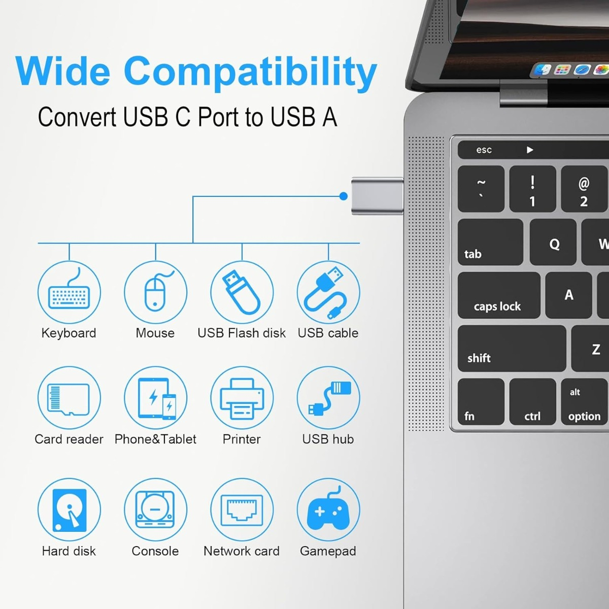 Ein Laptop mit USB-Adapter und einem Diagramm zur Kompatibilität mit verschiedenen Geräten.