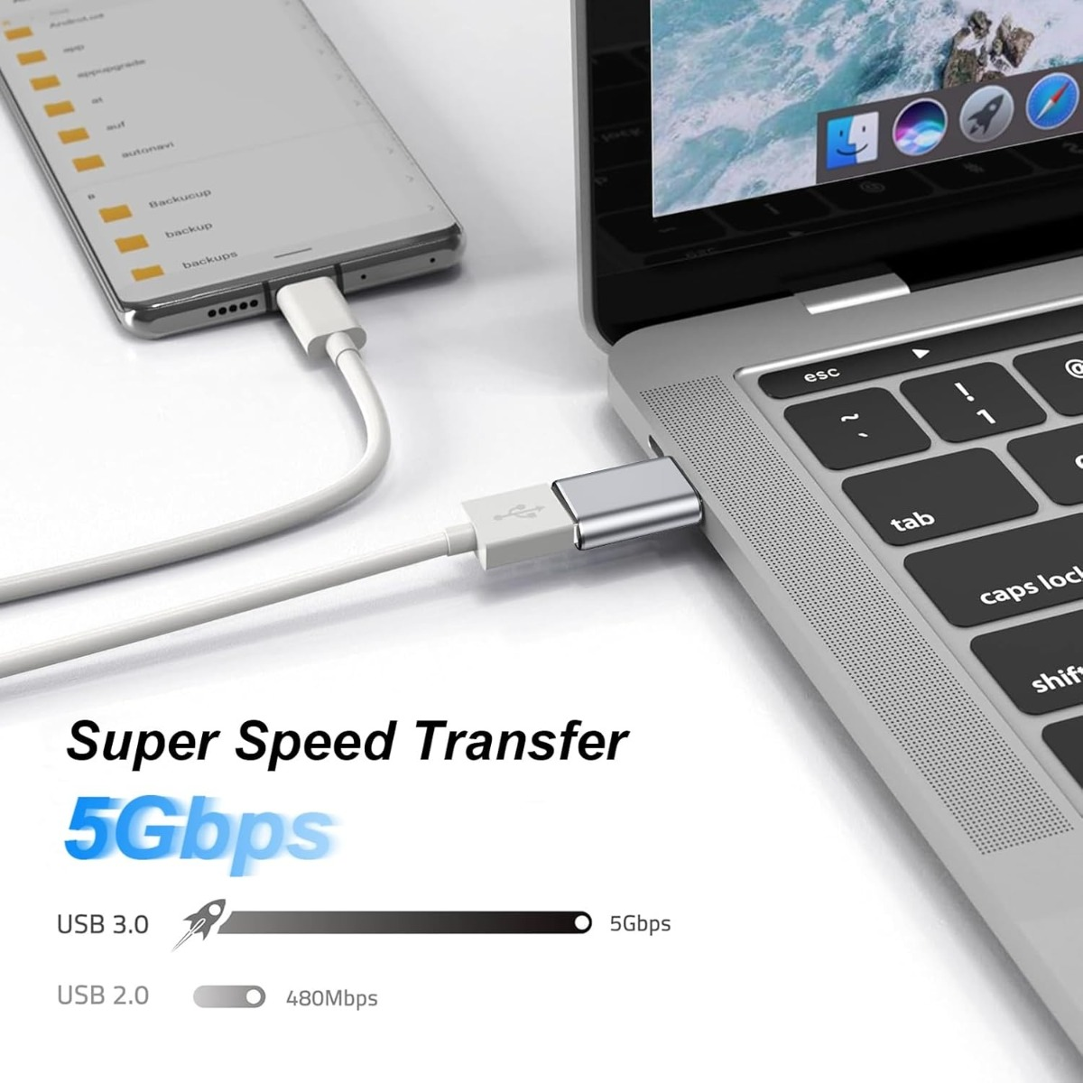 Ein USB-Kabel verbindet ein Smartphone mit einem Laptop, mit Text für superschnelle Übertragung.