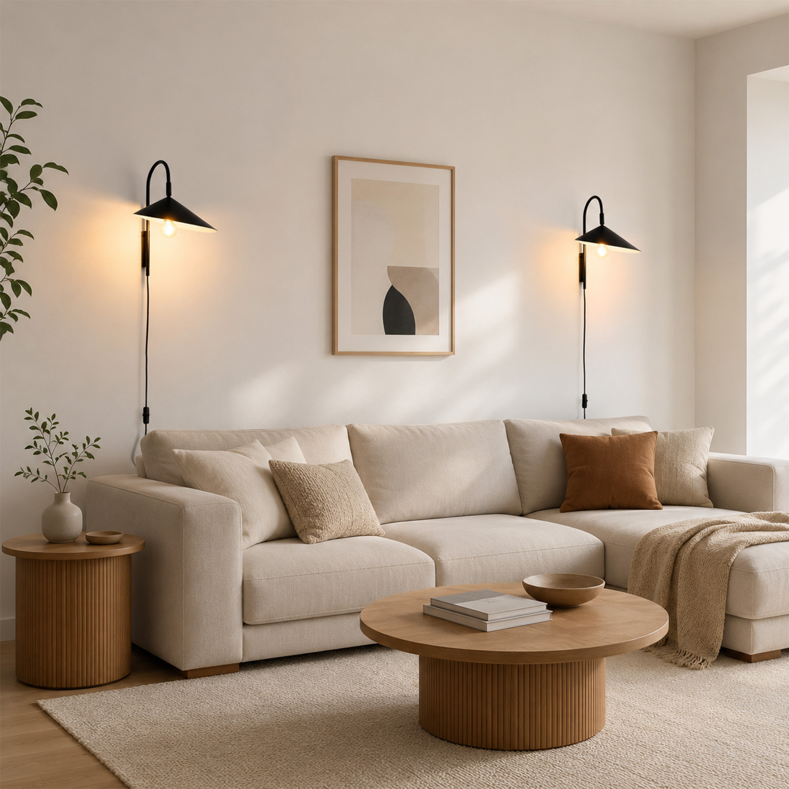 Sala de estar acogedora con sofá seccional beige, mesas de centro de madera, arte abstracto y dos apliques negros.
