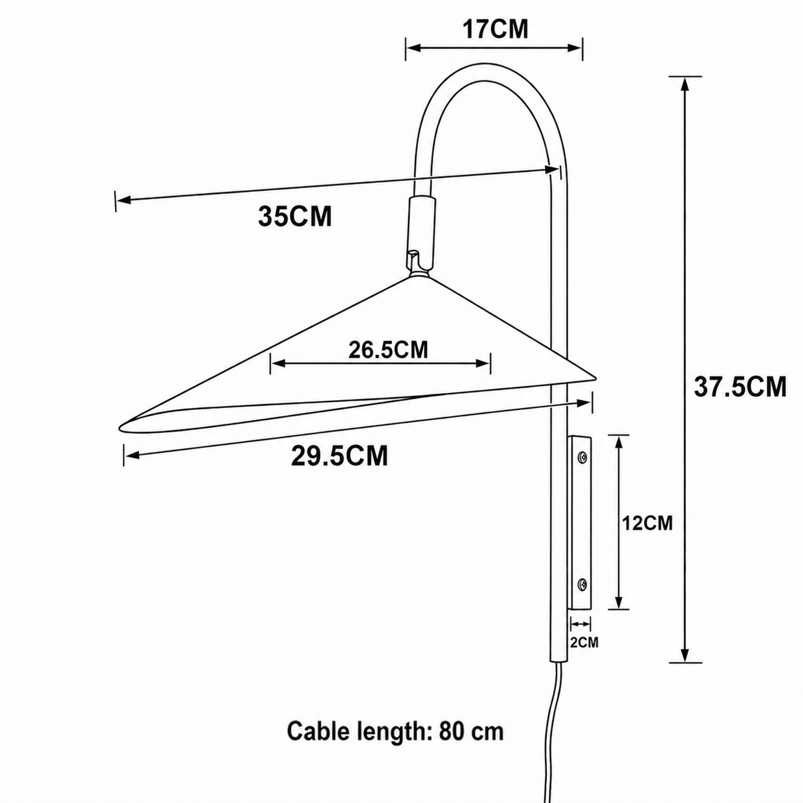 Dibujo técnico de un aplique de pared con cotas en centímetros y un cable de 80 cm.
