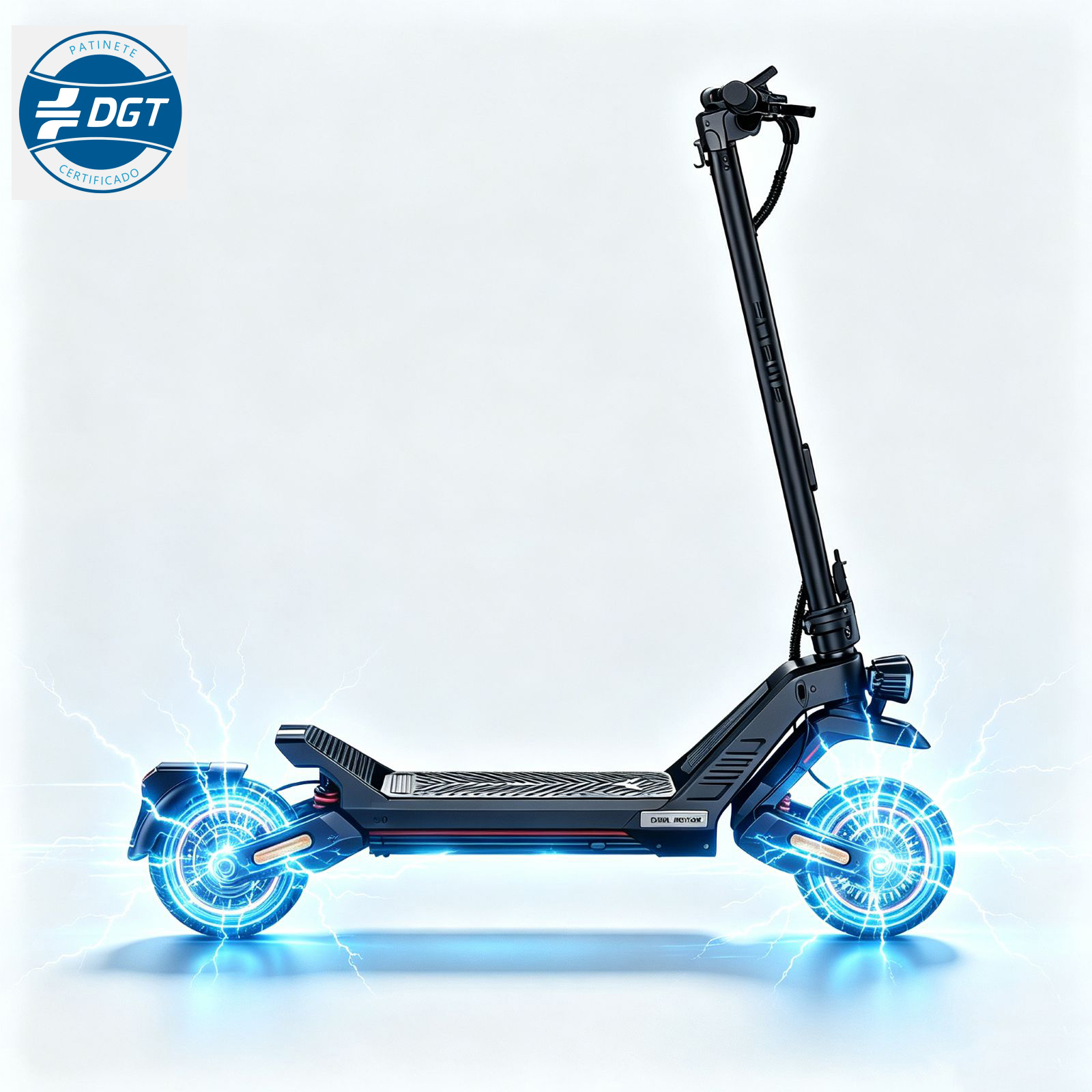 Un patinete eléctrico negro con energía azul brillante en las ruedas sobre fondo claro con insignia DGT.