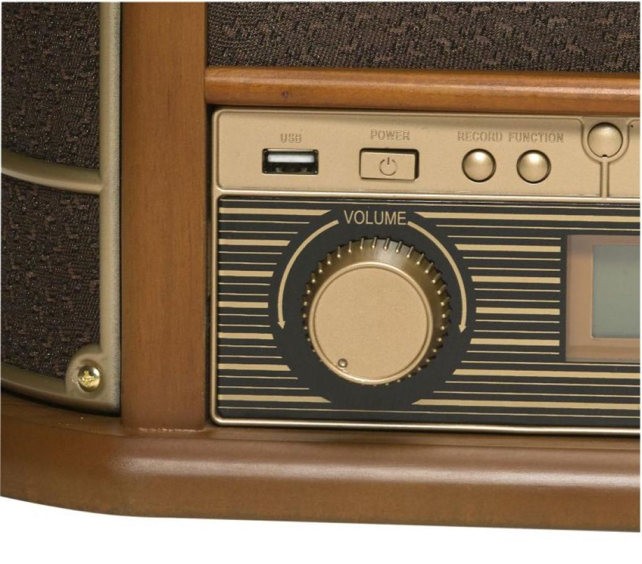 Close-up of a vintage-style wooden radio control panel with a prominent volume knob, USB port, and power button.