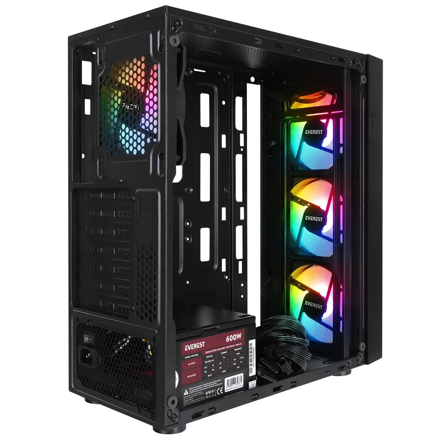 Ön ve arkasında RGB fanlar ve altta güç kaynağı bulunan siyah bilgisayar kasası.