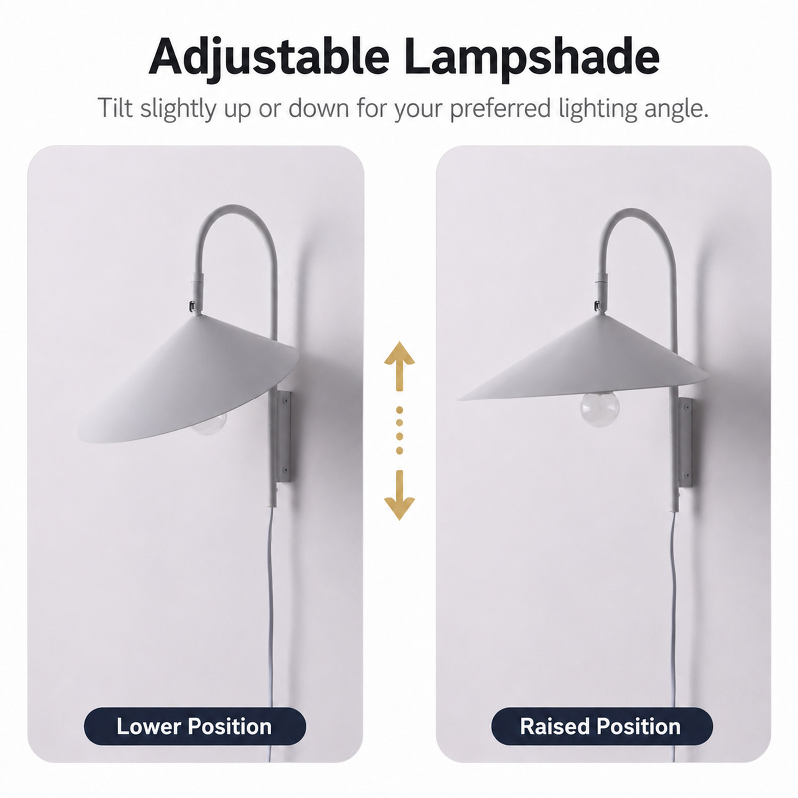 Comparación de dos posiciones de una lámpara de pared ajustable con pantalla gris en una pared blanca.