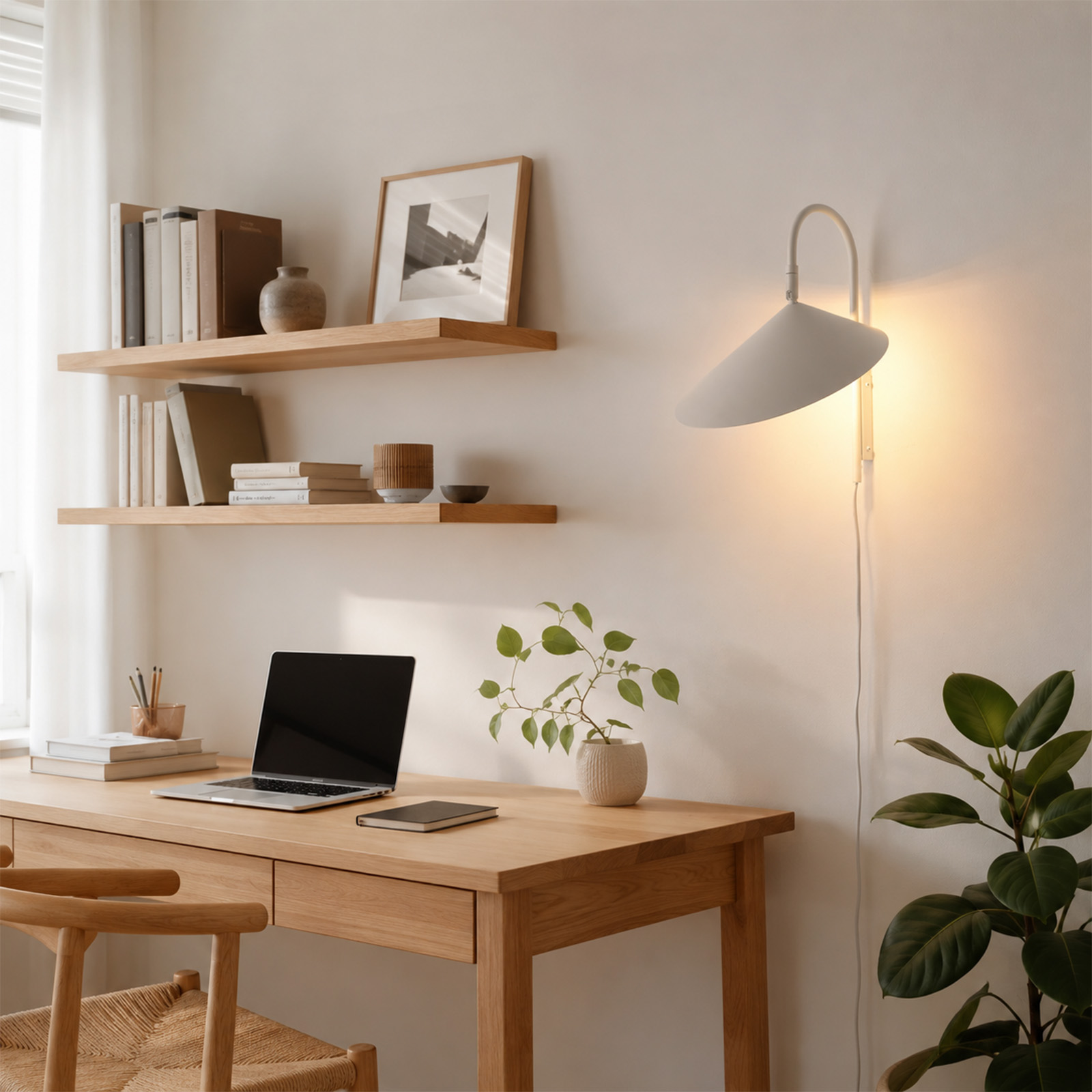 Un escritorio de madera con portátil, planta en maceta y lámpara de pared blanca junto a estantes.
