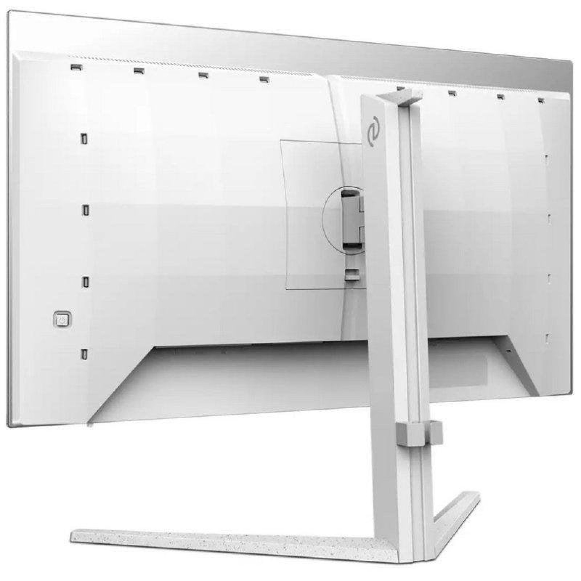 The back of a white computer monitor with a sturdy stand.