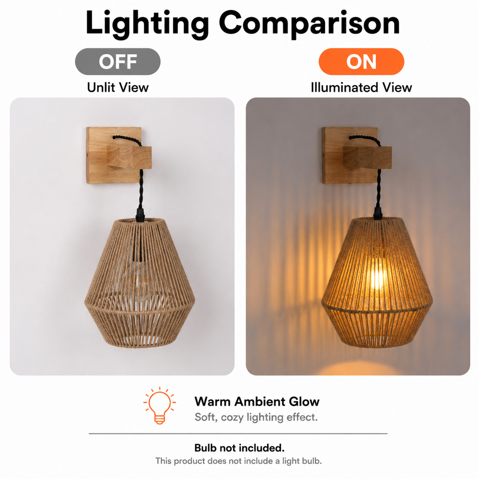 Comparación de aplique de madera apagado y encendido, con pantalla de cuerda y luz cálida.