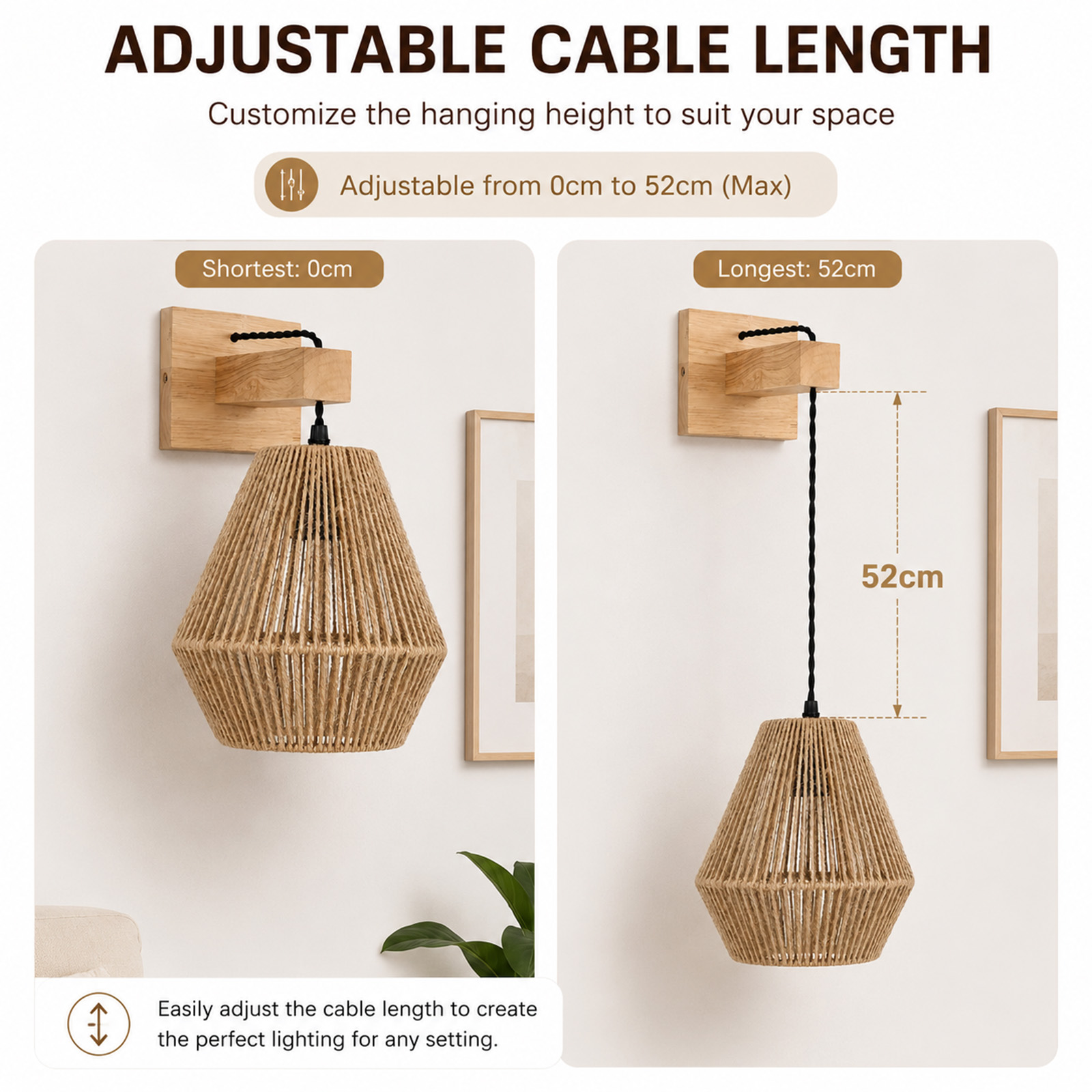 Aplique de pared con cable ajustable de 0 a 52 cm, con pantalla de yute tejida.