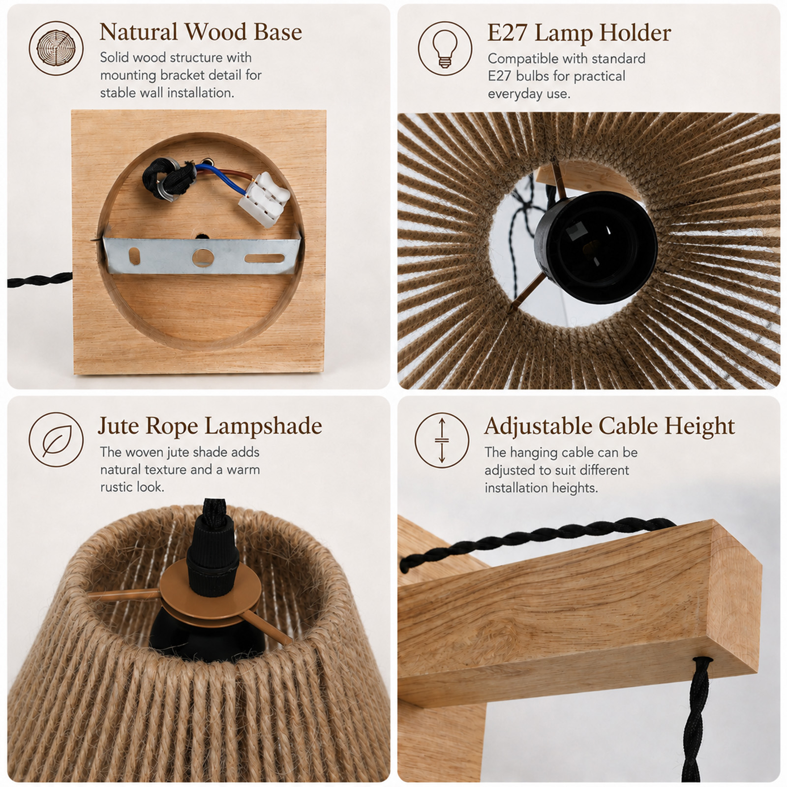 Cuatro imágenes muestran detalles: base de madera, portalámparas E27, pantalla de yute y cable ajustable.