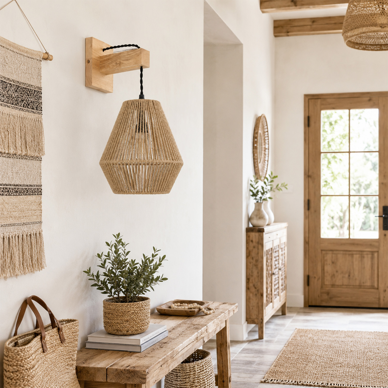 Pasillo luminoso con aplique de pared de madera, lámpara colgante tejida, banco de madera y decoración tejida.