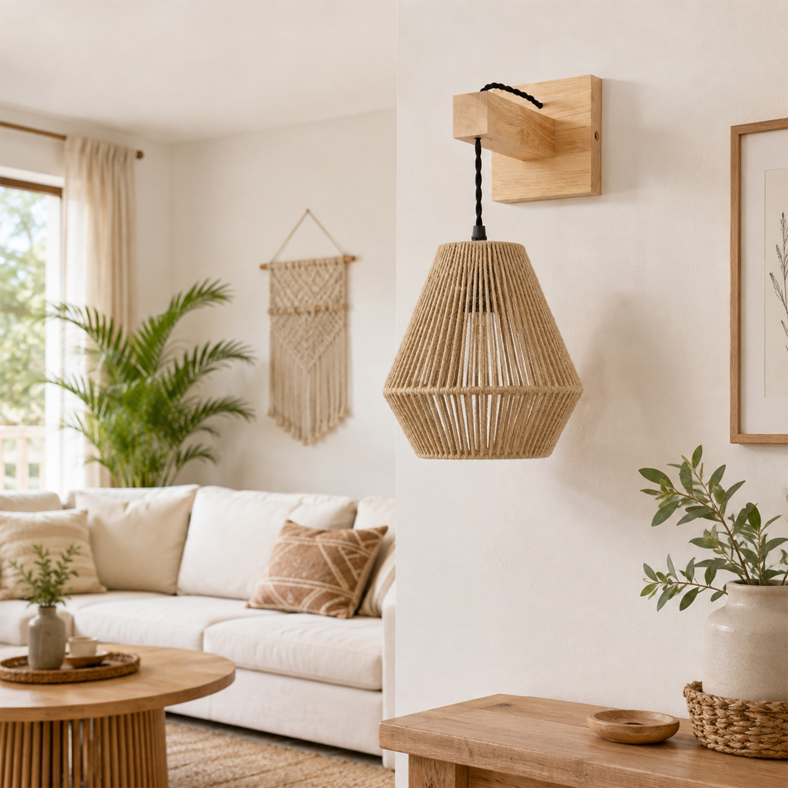 Una lámpara de pared de madera con pantalla de cuerda tejida en un salón bohemio, luminoso y moderno con plantas y sofá.