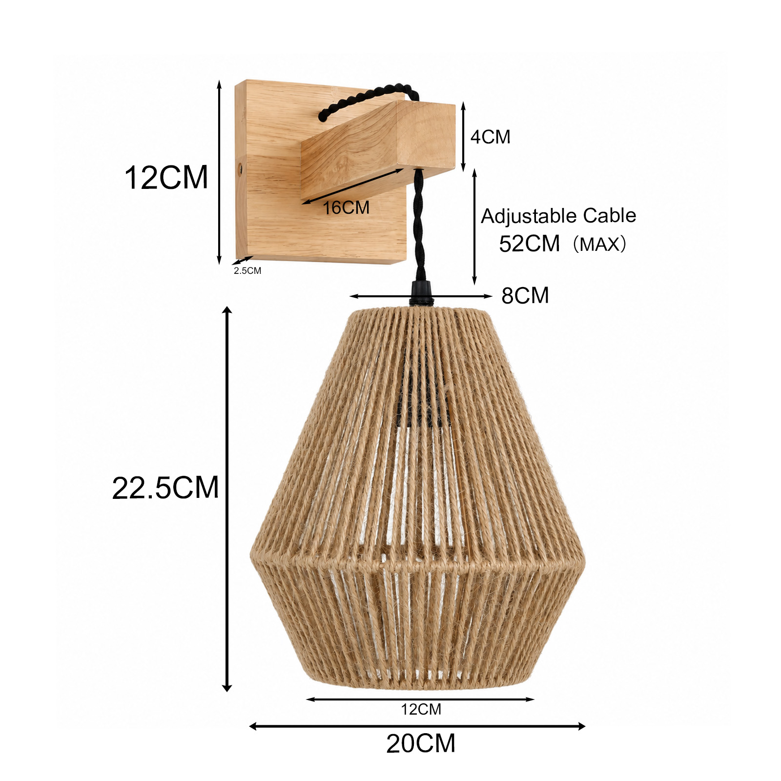 Lámpara de pared de madera con pantalla de cuerda trenzada y medidas.