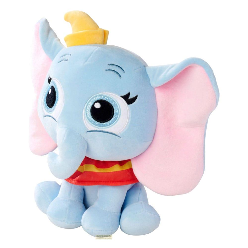 Ein süßer blauer Plüschelefant mit großen pinken Ohren, einem gelben Hut und einem roten Kragen.