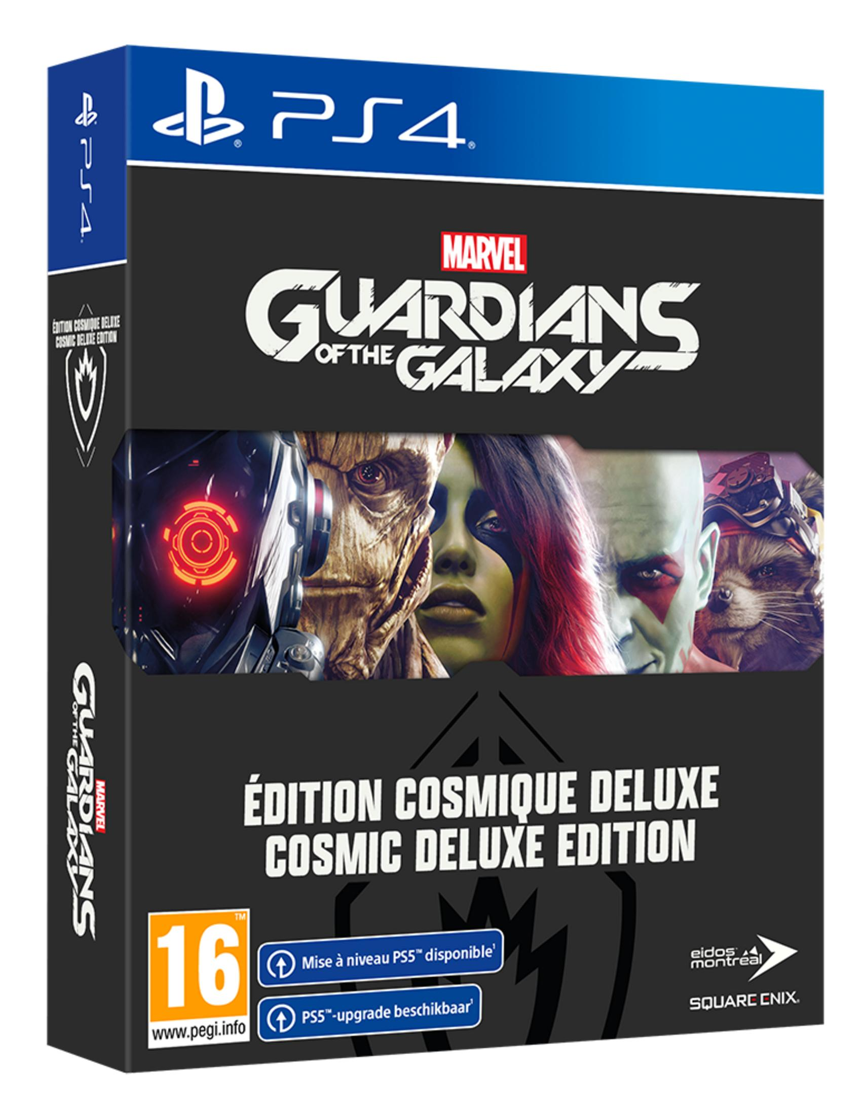 PS4 için Marvel Guardians of the Galaxy Cosmic Deluxe Edition, karakter portreleri ve PEGI 16 derecesi.