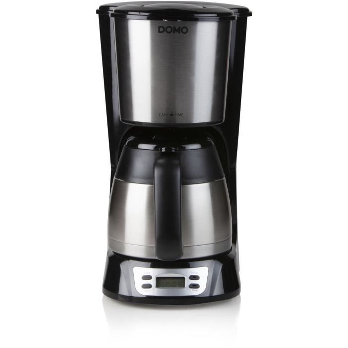 Eine schwarze und edelstählerne Domo Filterkaffeemaschine mit Thermokanne und Digitalanzeige.