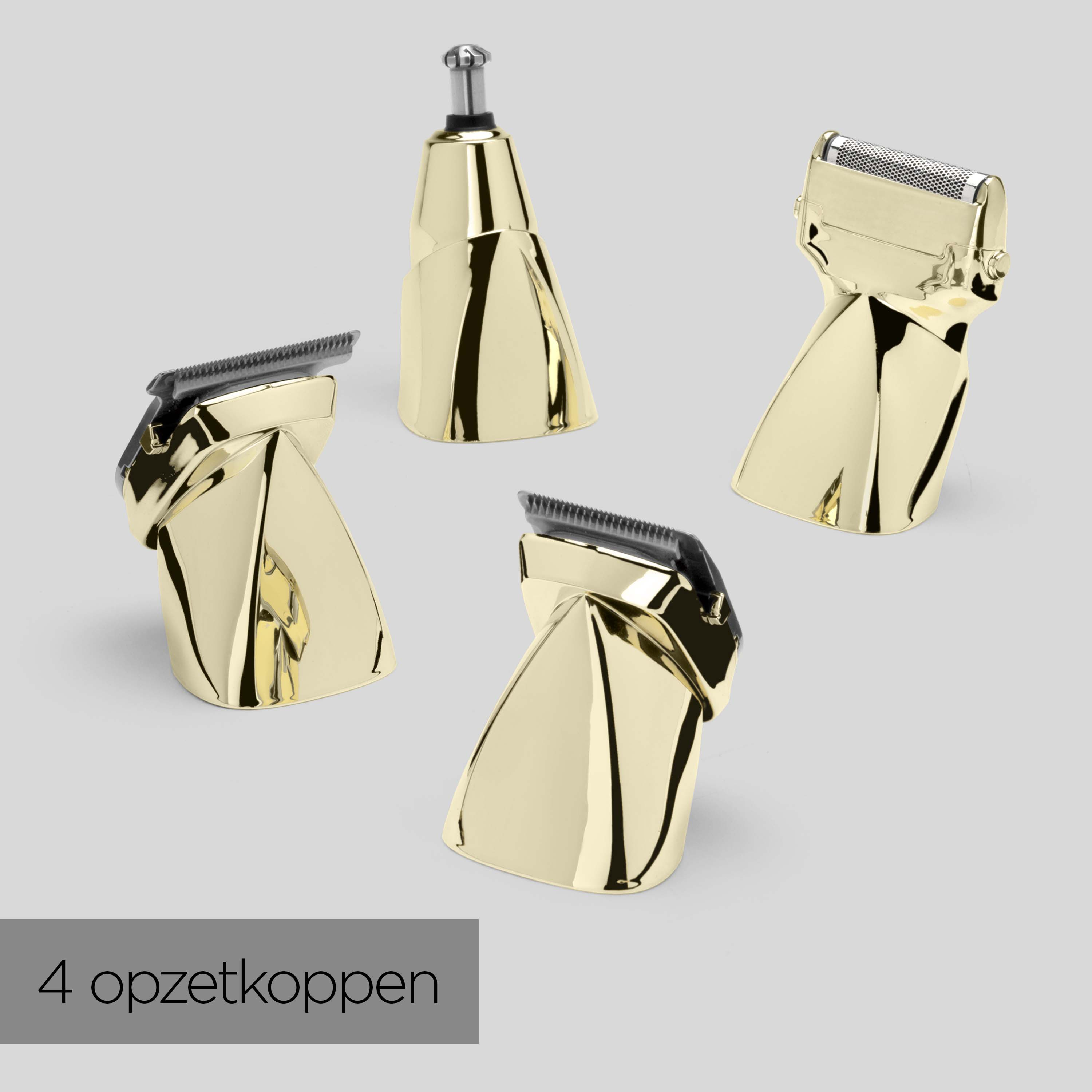 Vier goldene Rasierer-Aufsätze auf grauem Hintergrund.