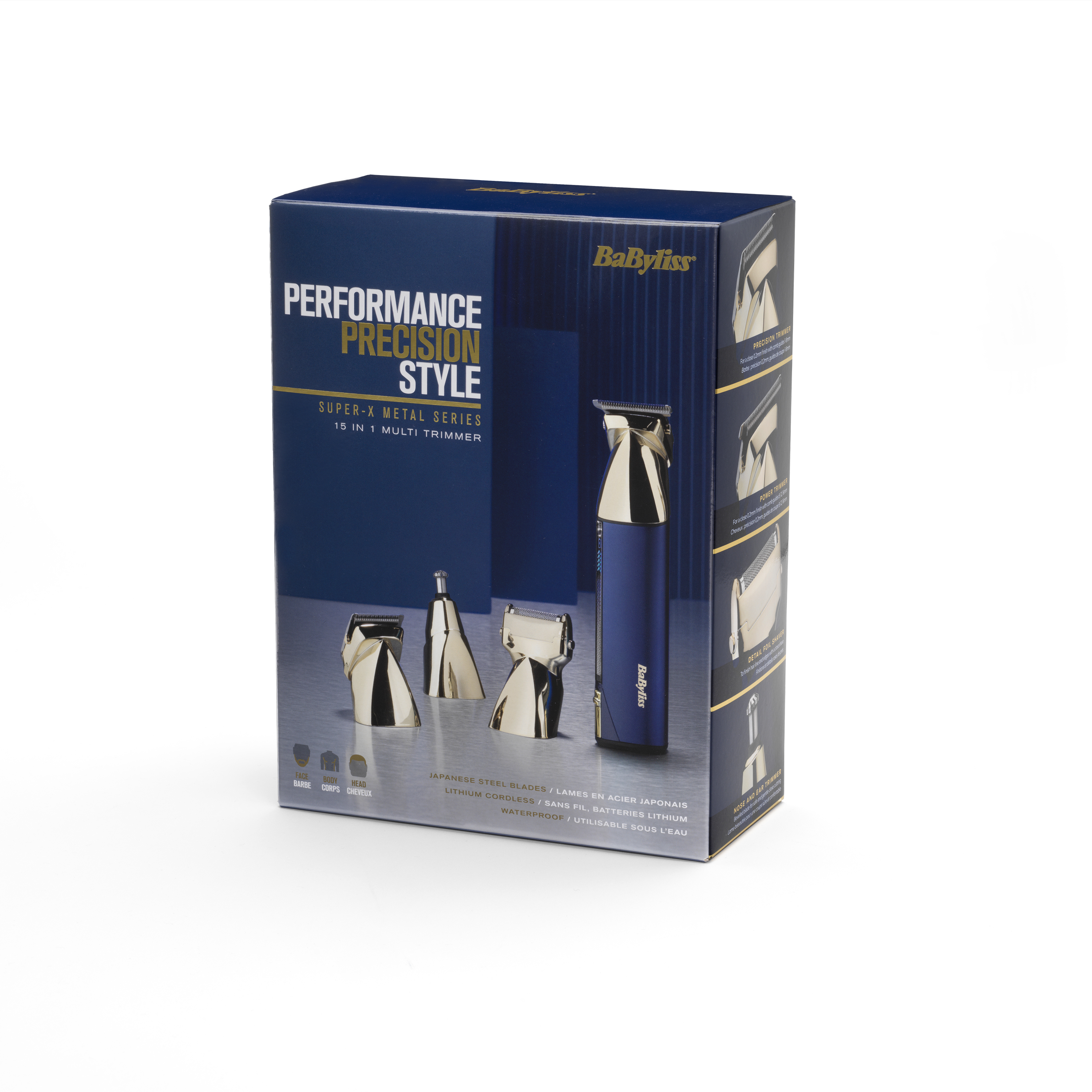 Eine blau-goldene BaByliss Super-X Metal Series 15-in-1 Multitrimmer-Box auf weißer Oberfläche.