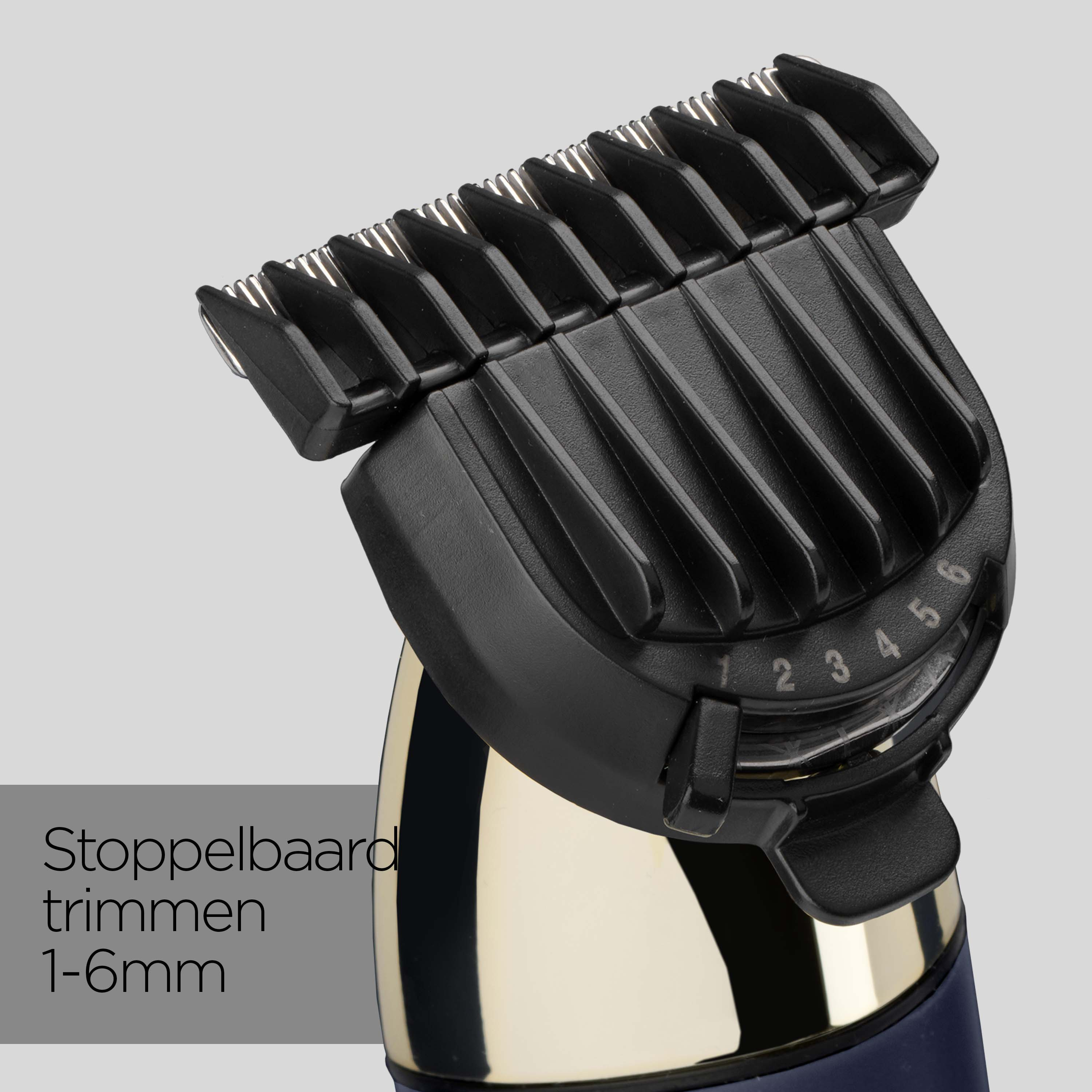 Nahaufnahme eines Barttrimmers mit schwarzem Kamm und Goldgriff, Einstellungen von 1-6 mm.