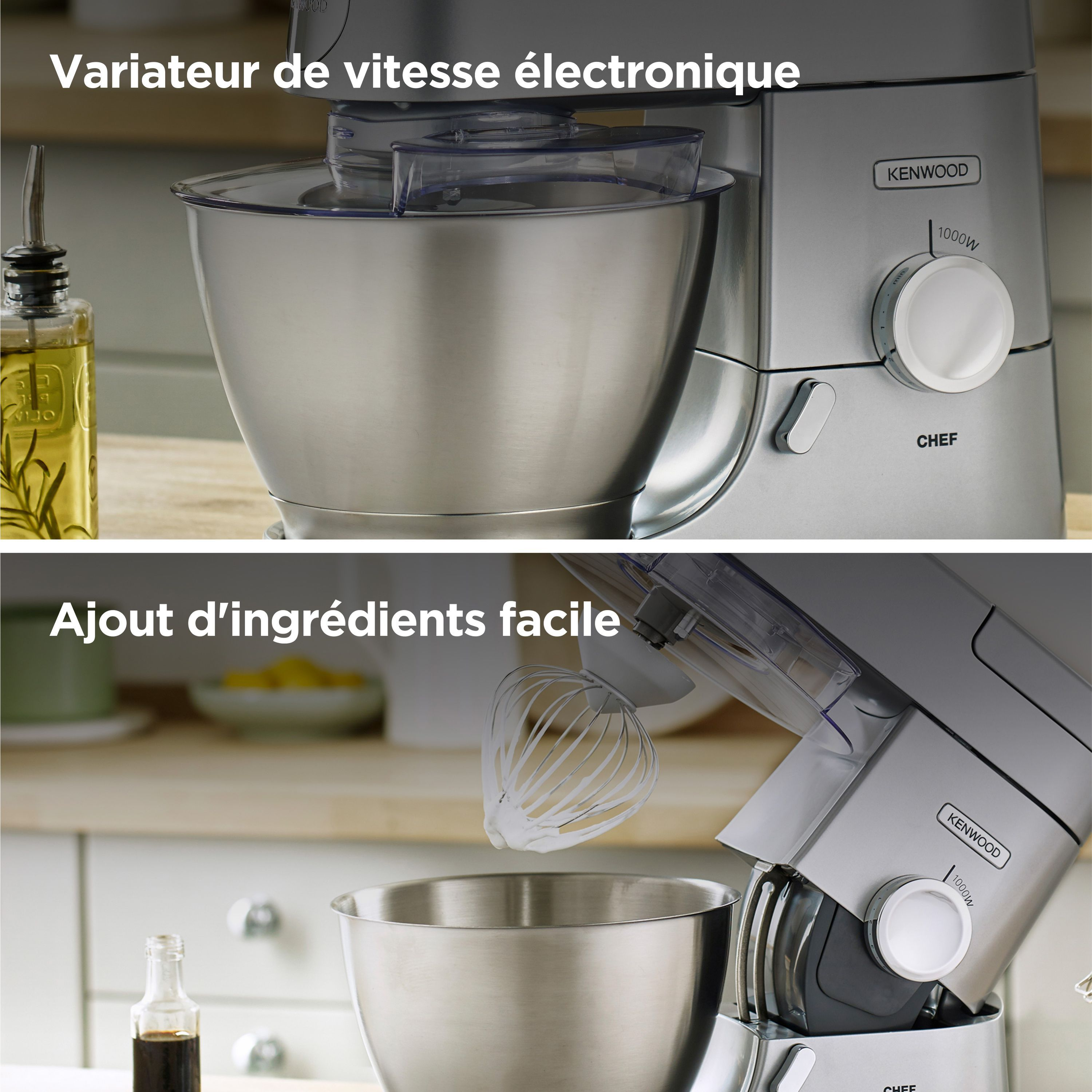 Una planetaria Kenwood argentata su un piano da cucina, con ciotola, manopola della velocità e testa inclinabile.
