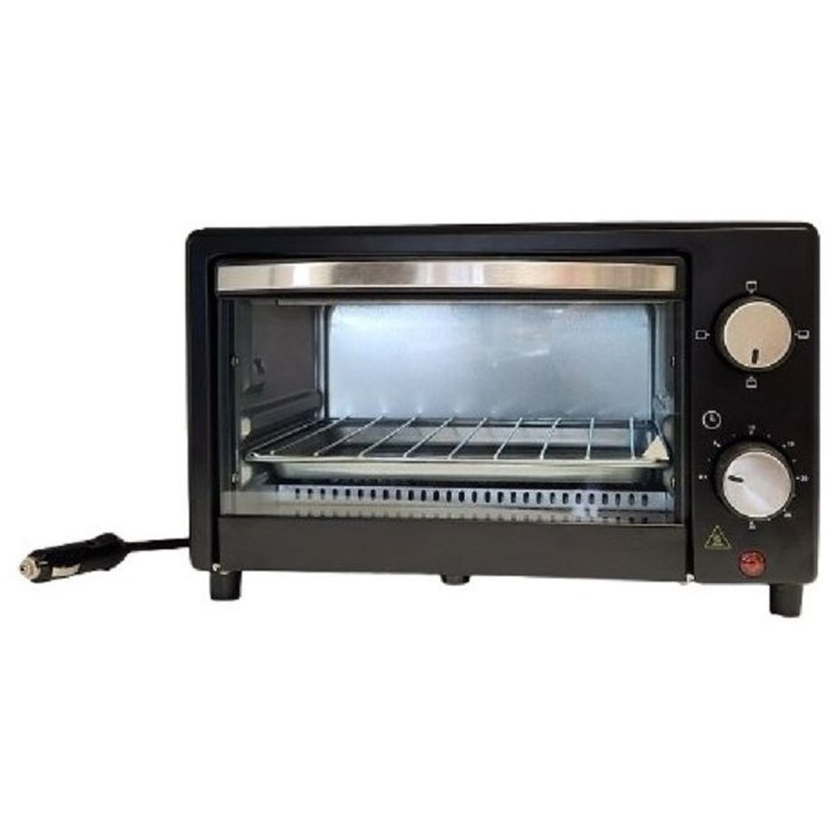 Ein schwarzer Mini-Backofen mit silbernem Griff, zwei Drehreglern und einem angeschlossenen 12V-Kfz-Stecker.