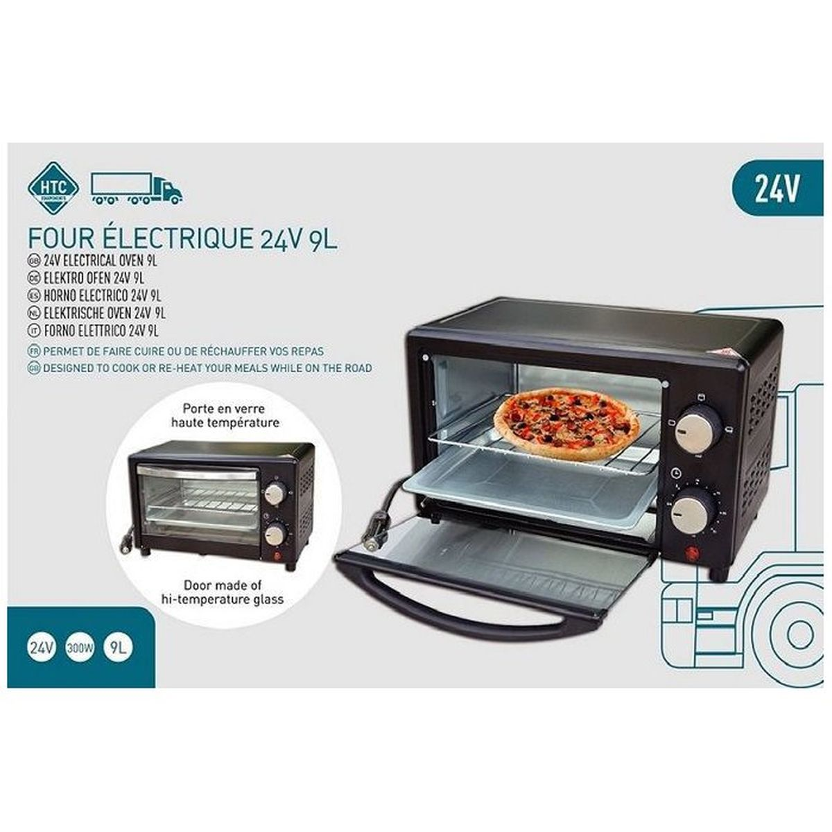 Ein tragbarer schwarzer 24V Elektrobackofen mit 9L Kapazität und Pizza im Inneren vor einem grünen Hintergrund.