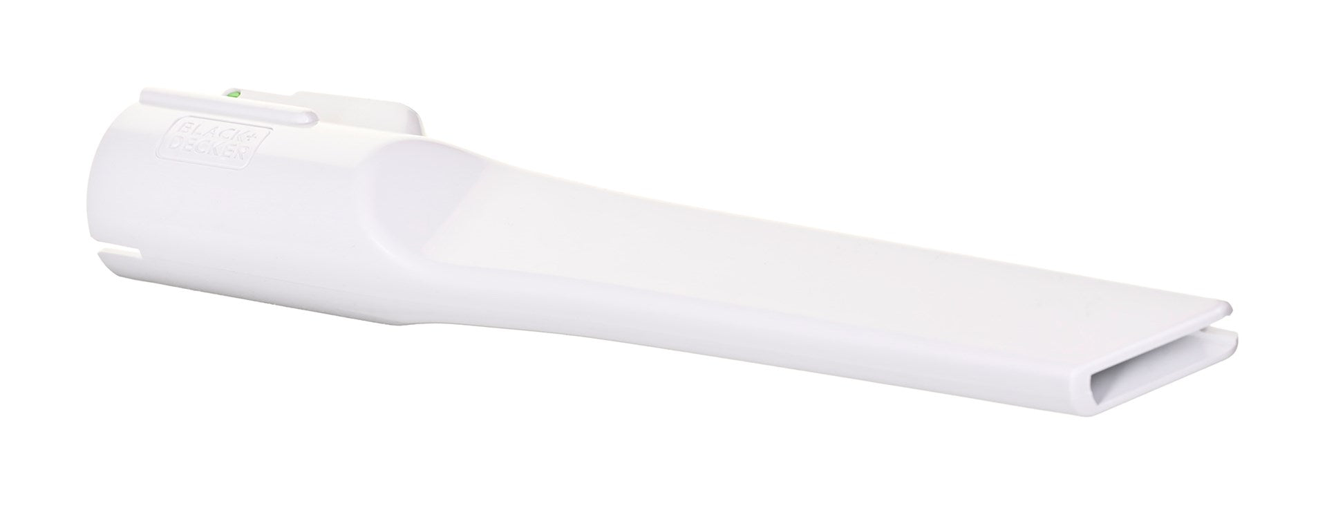 A white crevice tool attachment for a vacuum cleaner on a white background.