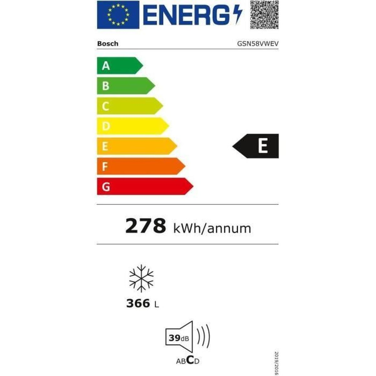 Bosch Energieeffizienzlabel GSN58VWEV zeigt Klasse E, 278 kWh/Jahr, 366 L und 39 dB.