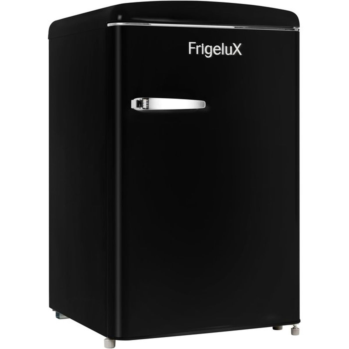 Un refrigerador negro compacto estilo retro FrigeluX con tirador plateado sobre fondo blanco.