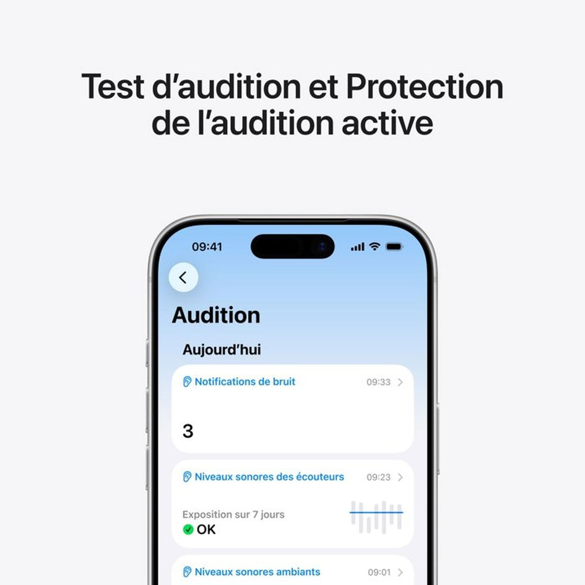 İşitme testi ve koruma özellikli Apple Health uygulamasını gösteren akıllı telefon ekranı.