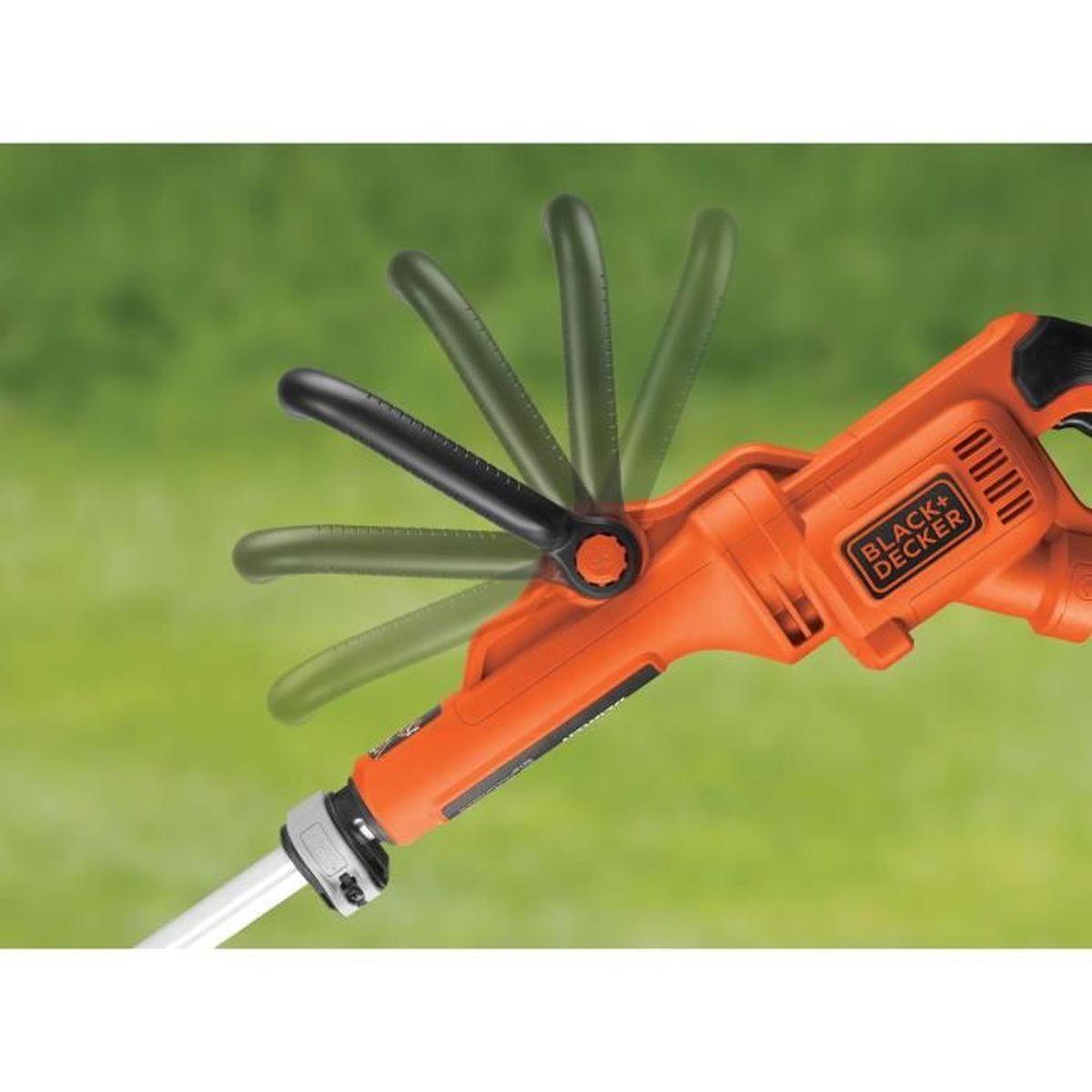 Nahaufnahme eines orangen Black+Decker-Trimmers, dessen Griff in verschiedene Positionen verstellbar ist.