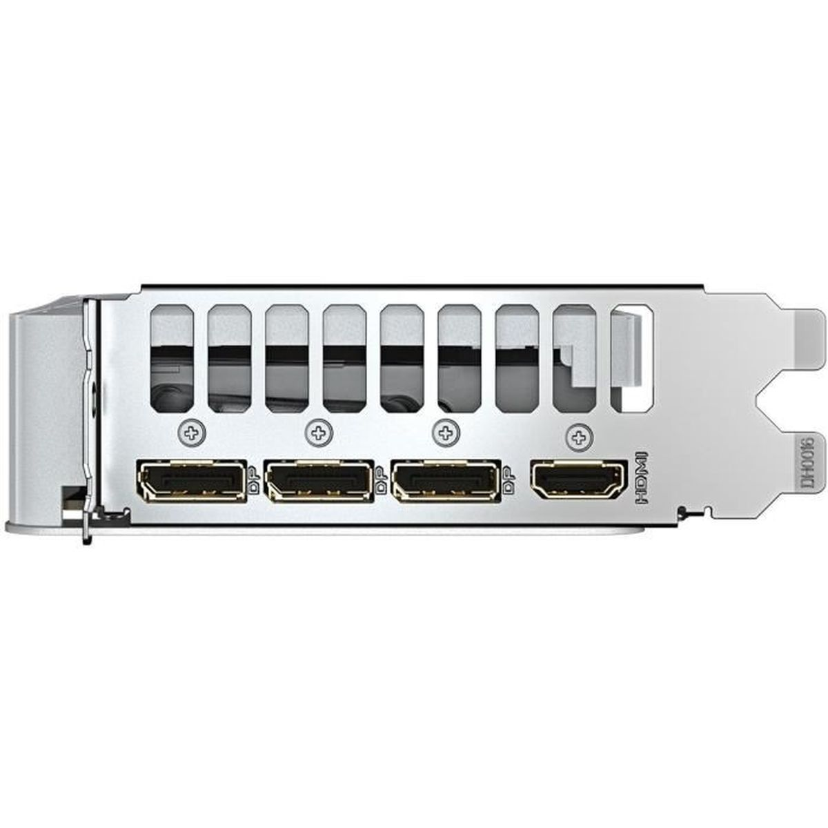 Metall-Grafikkarten-I/O-Blende mit drei DisplayPort- und einem HDMI-Anschluss.
