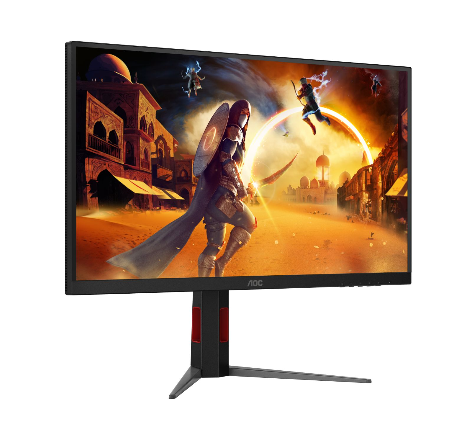 Monitor AOC wyświetla scenę z gry fantasy w mieście na pustyni.