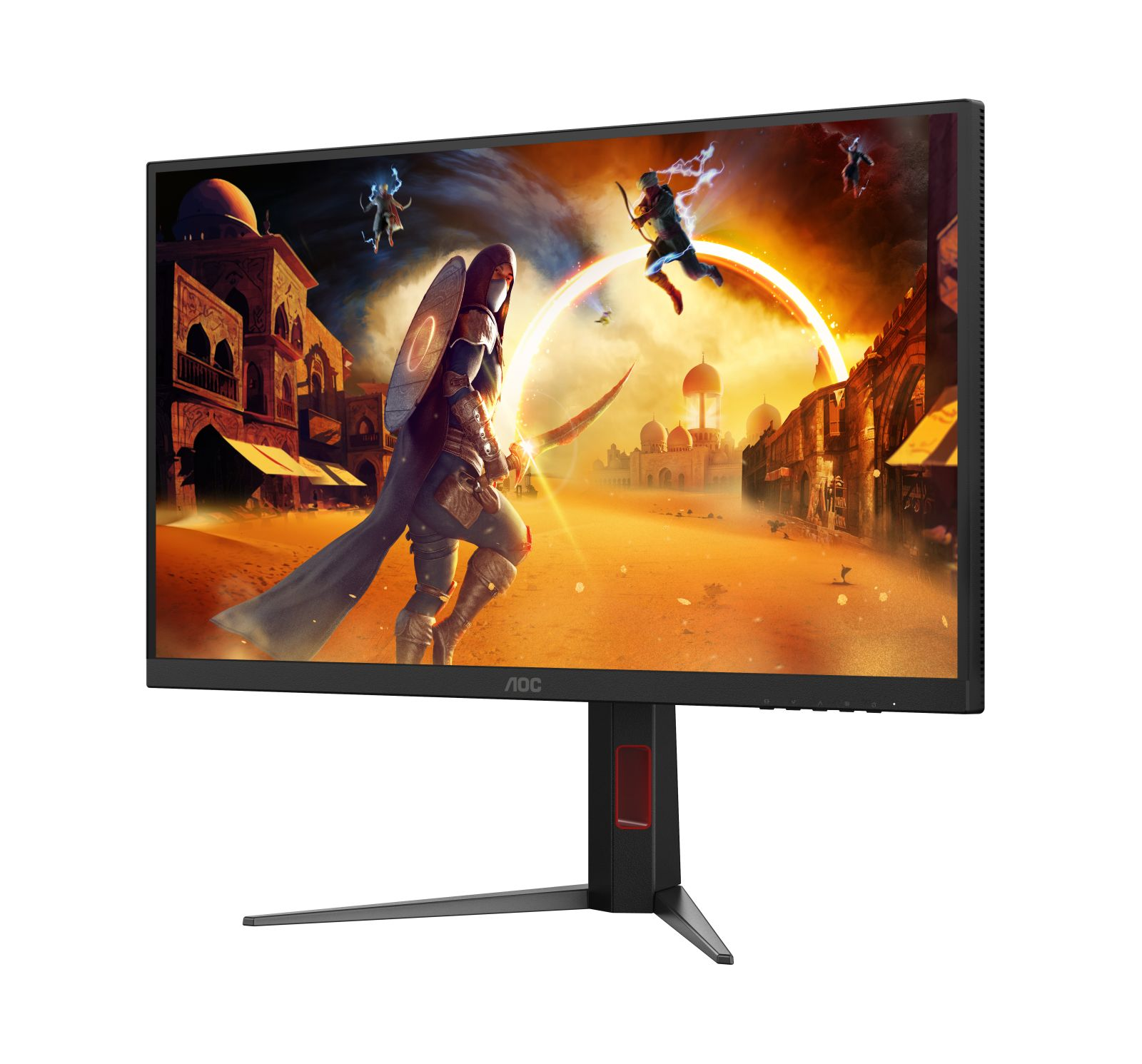Czarny monitor gamingowy AOC przedstawiający pełną akcji scenę z gry fantasy w mieście na pustyni.