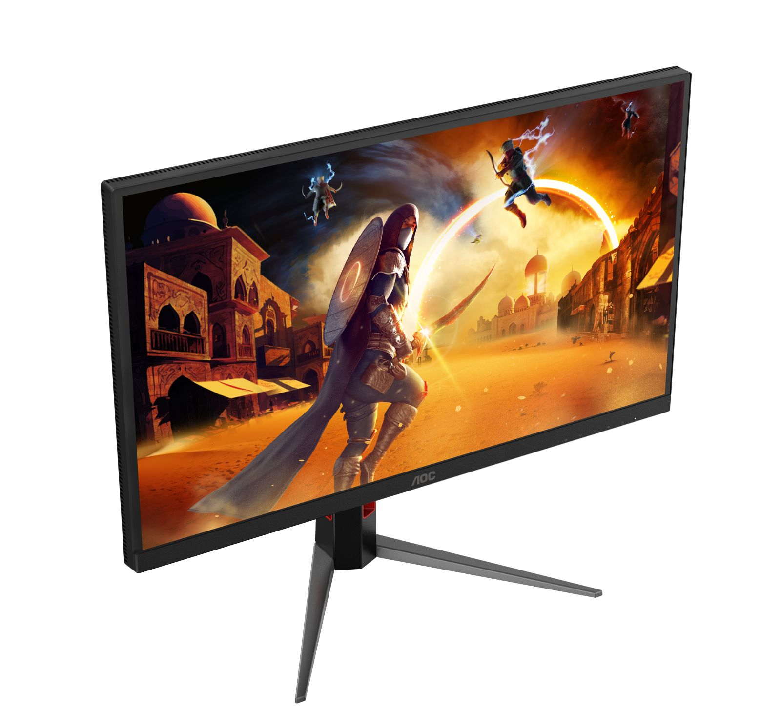 Monitor dla graczy AOC wyświetla pustynną scenę fantasy z postaciami na tle architektonicznym.
