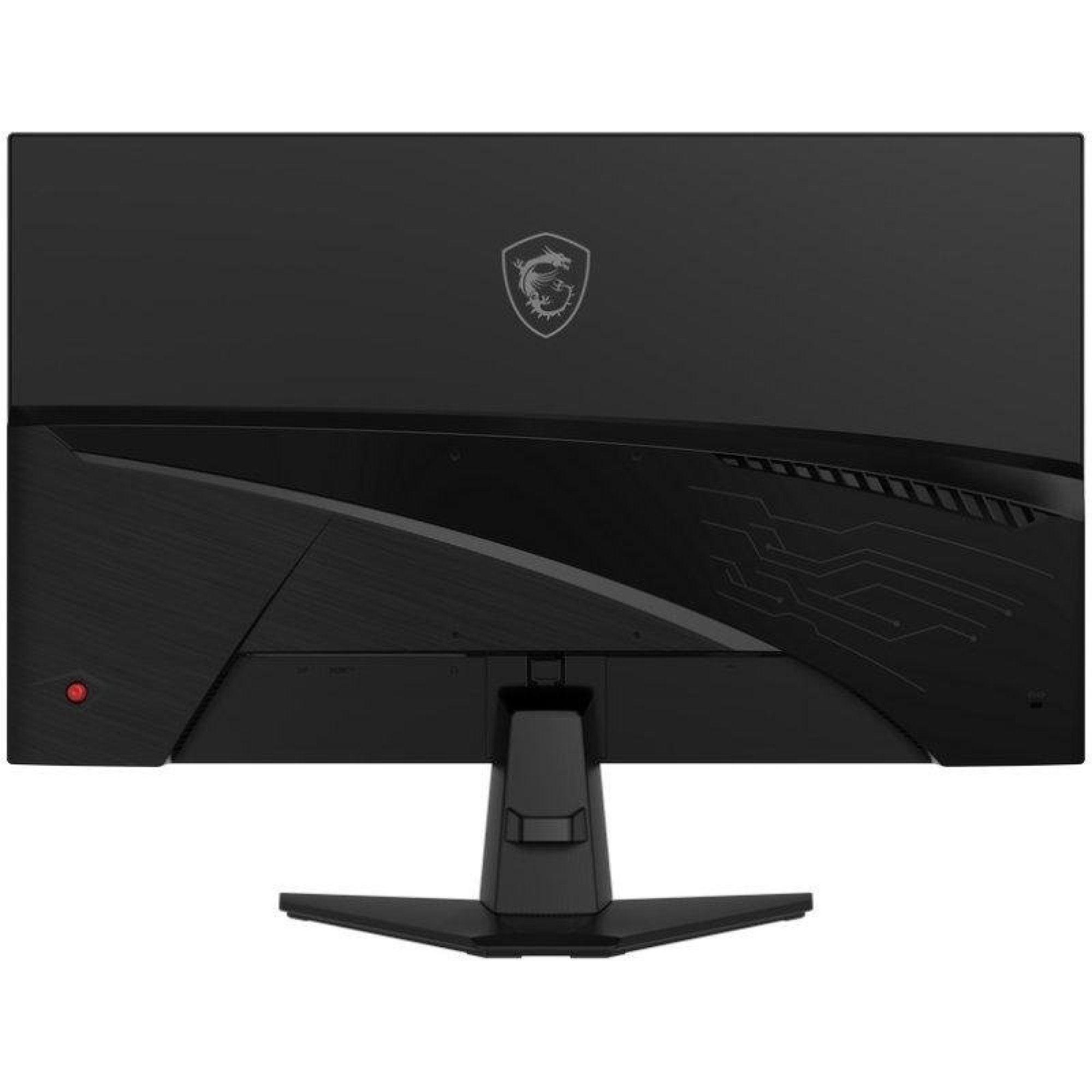Widok z tyłu czarnego monitora gamingowego MSI z logo smoka, geometrycznymi liniami i podstawką.