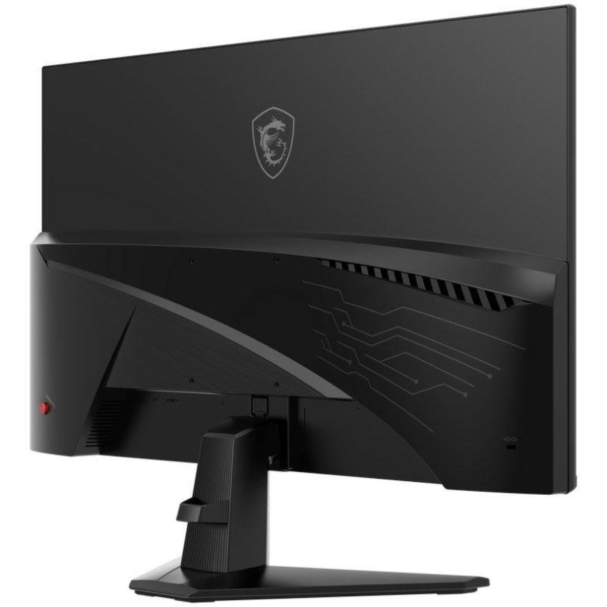 Widok z tyłu czarnego monitora gamingowego MSI z podstawą na białym tle.