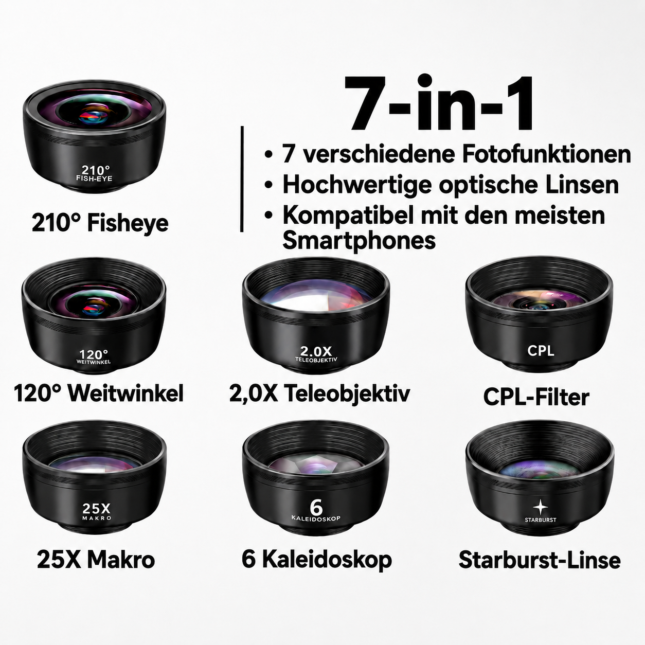 7-in-1 Smartphone-Objektivset mit Fisheye, Weitwinkel, Tele, CPL, Makro, Kaleidoskop und Starburst.
